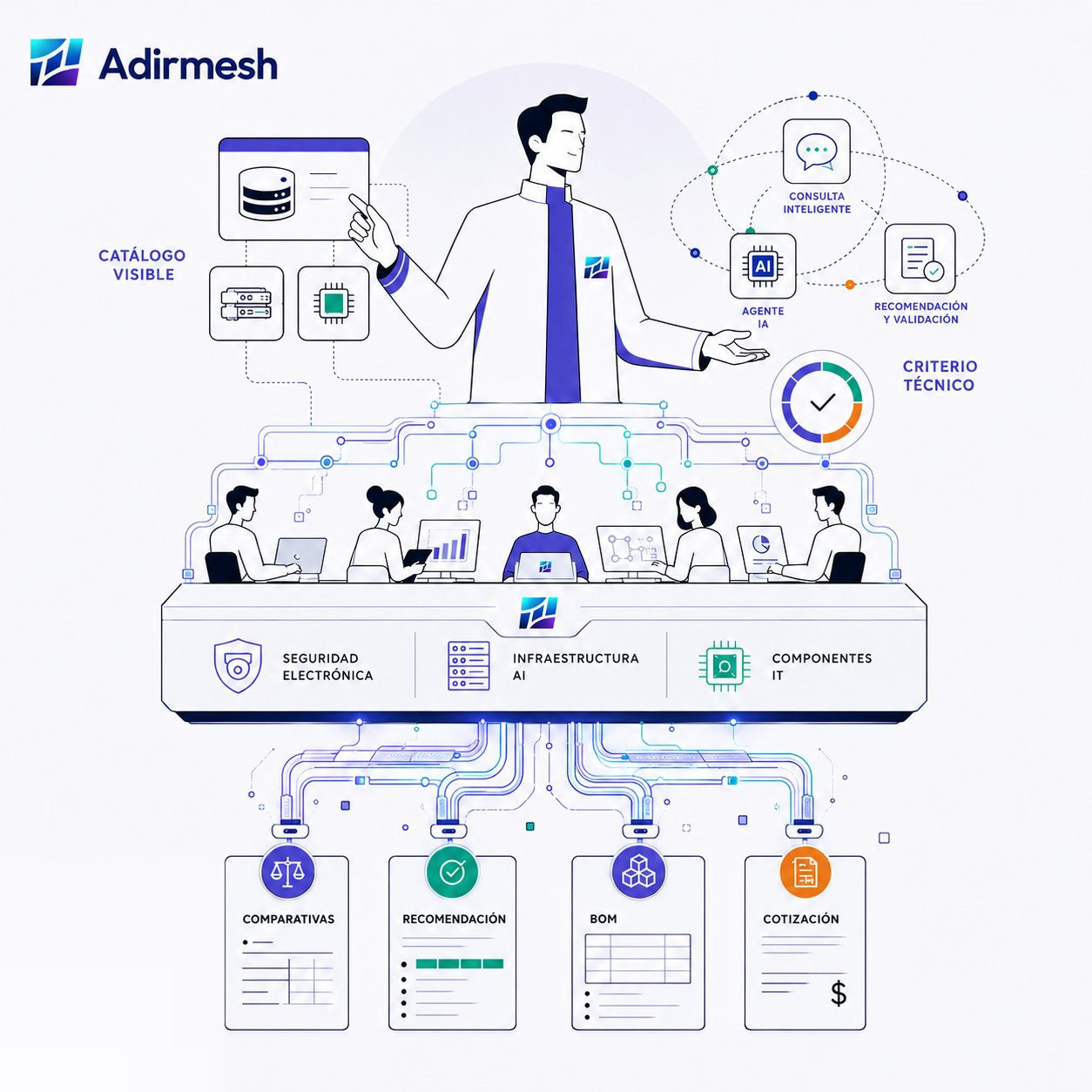 Ilustración Adirmesh: catálogo visible, consulta inteligente, agente IA y criterio técnico que conectan seguridad electrónica, infraestructura AI e IT hacia comparativas, recomendación, BOM y cotización.